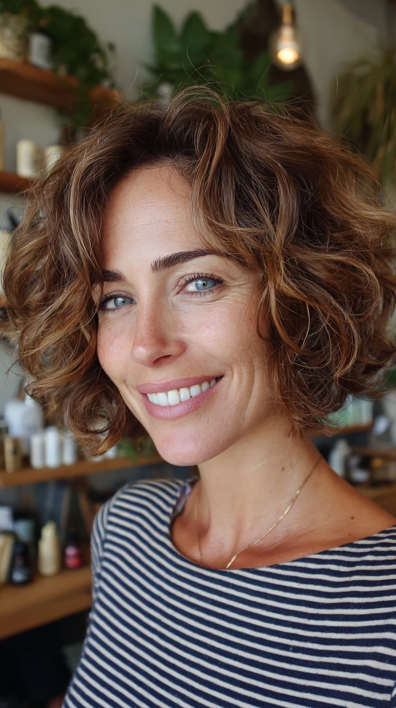 Textured Caramel Balayage Curly Chin-Length Bob with Root Shadow