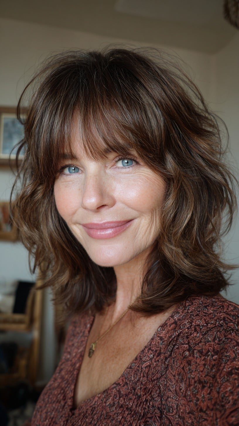 Textured Chestnut Shoulder-Length Shag with Soft Curtain Fringe