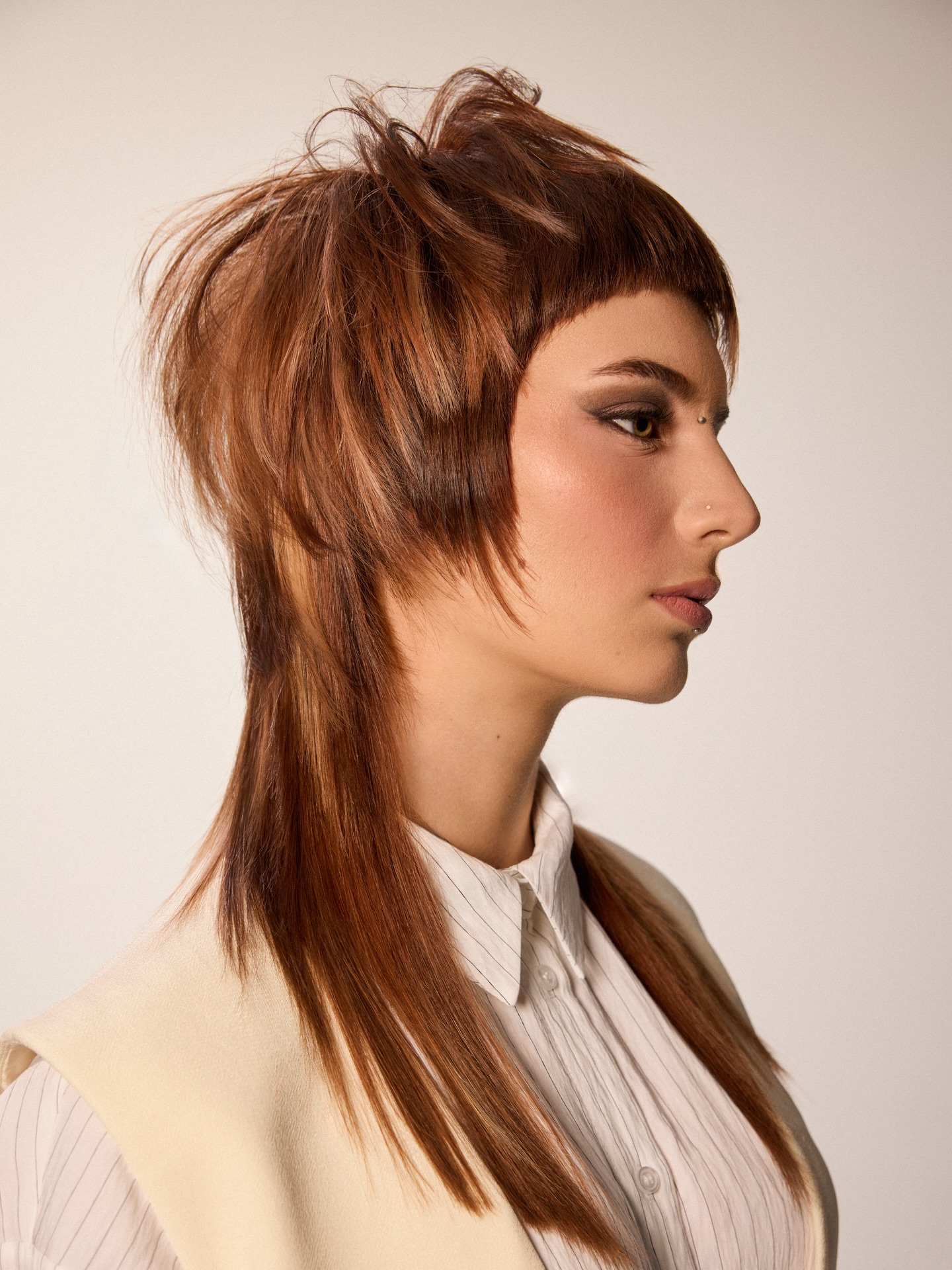 Textured Copper Layered Mullet with Micro Bang and Stacked Crown