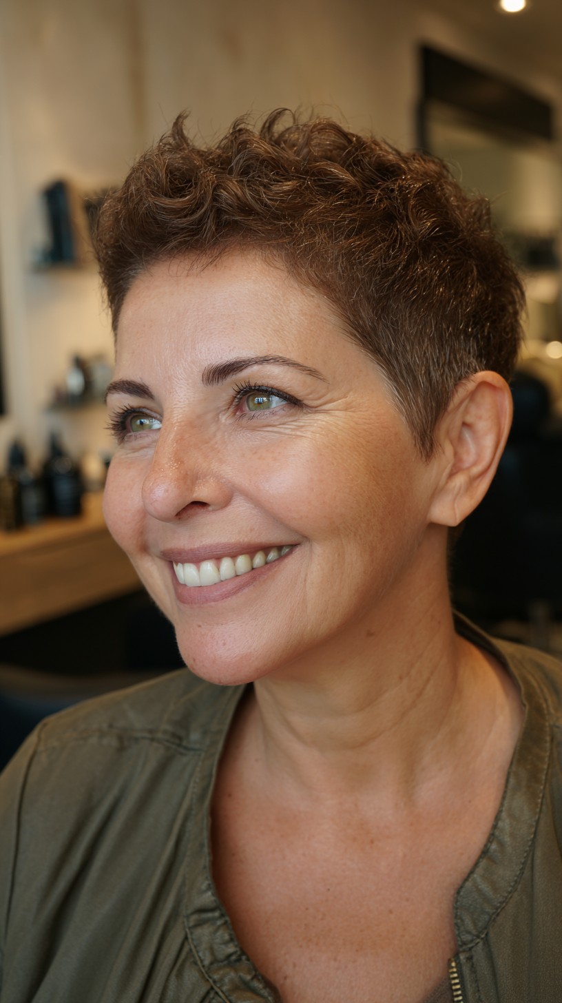 Textured Curly Pixie with Tapered Sides and Warm Chestnut Blend