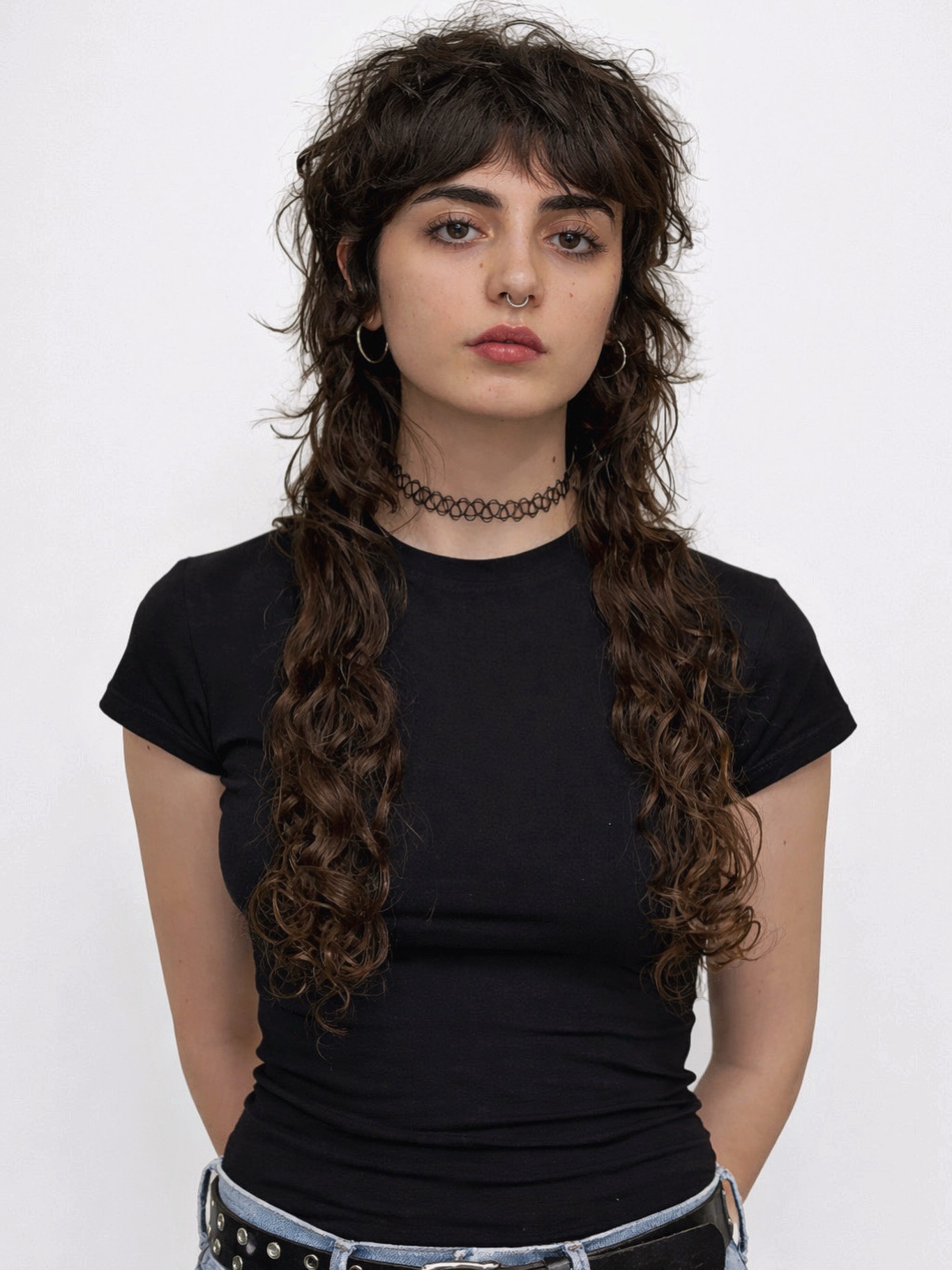 Textured Dark Brown Curly Shag Mullet with Cropped Fringe and Long Ringlet Panels