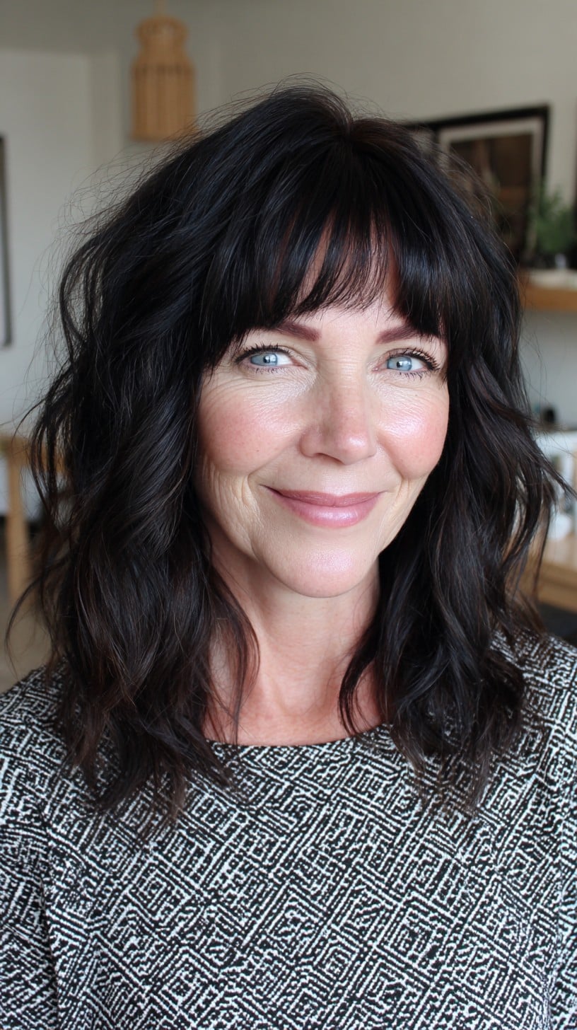 Tousled Dark Chestnut Medium Shag with Soft Blunt Fringe