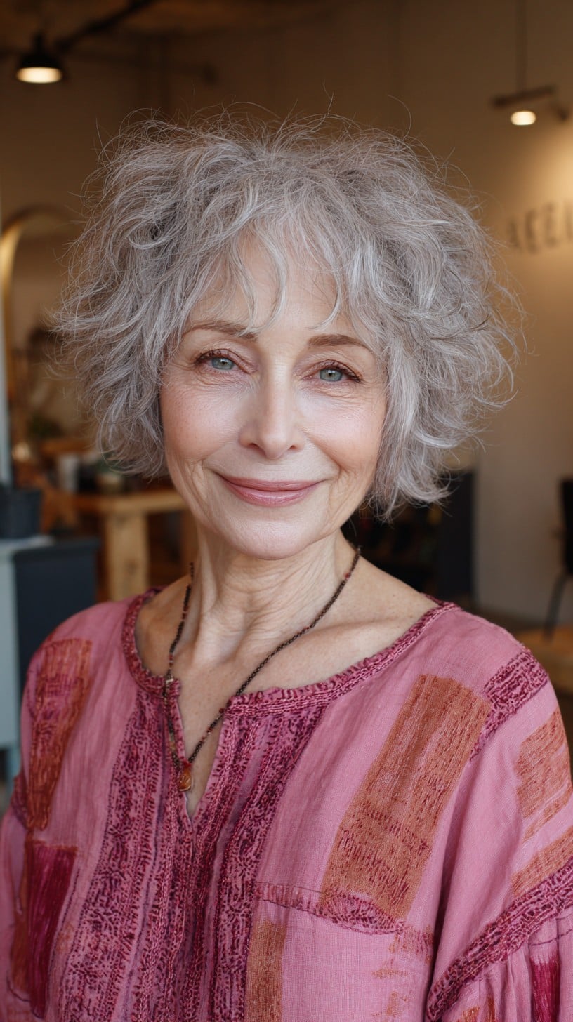 Tousled Silver Shag Bob with Crown Lift and Curtain Fringe