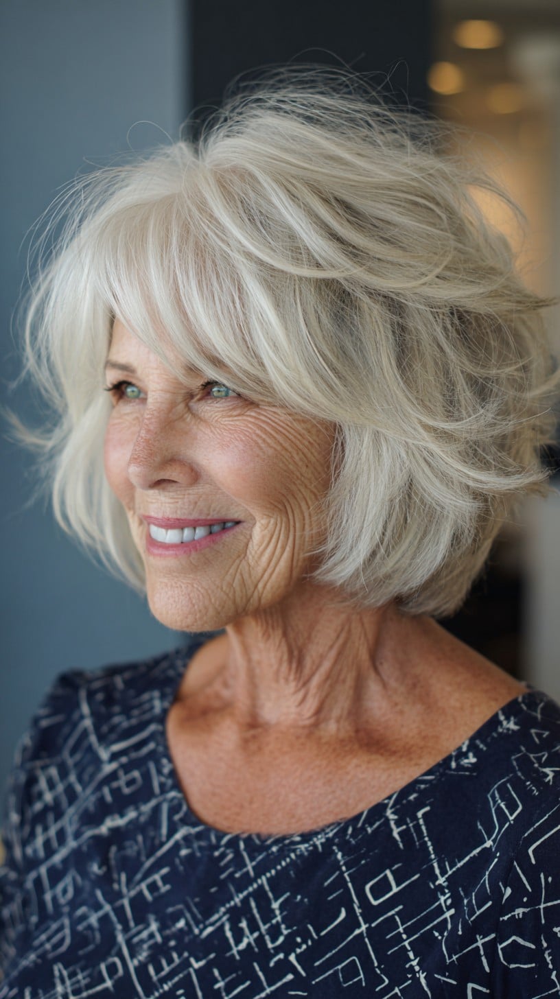 Voluminous Platinum Shag Bob with Lifted Crown and Side Fringe