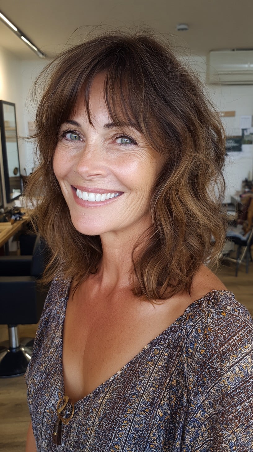 Warm Brunette Medium Shag with Soft Micro-Bangs and Face-Framing Layers