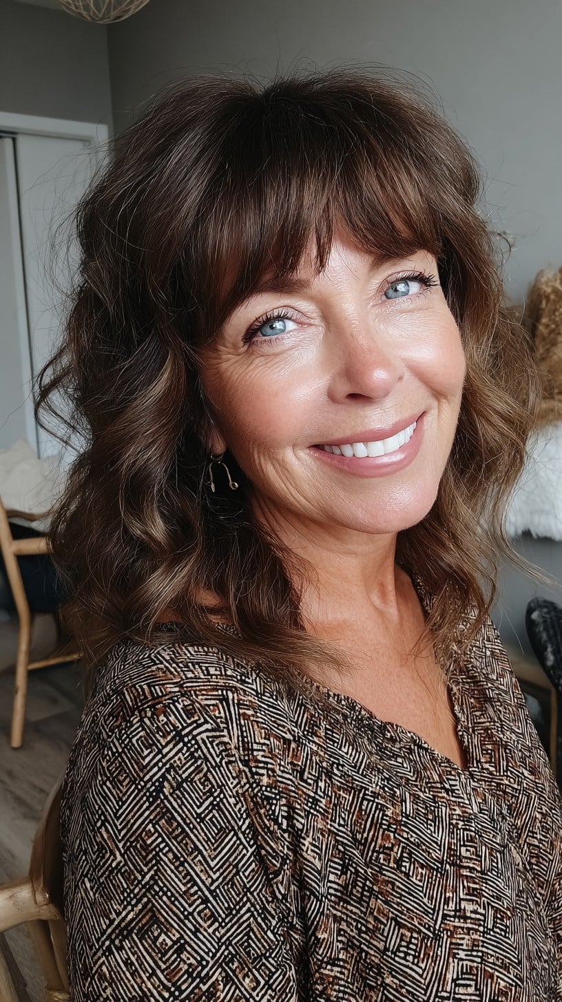 Warm Chestnut Medium Shag with Soft Blended Fringe and Natural Root Lift