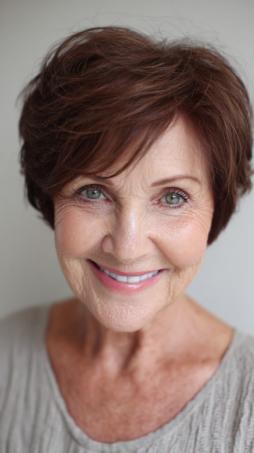 Warm Chestnut Short Layered Pixie with Side-Swept Fringe