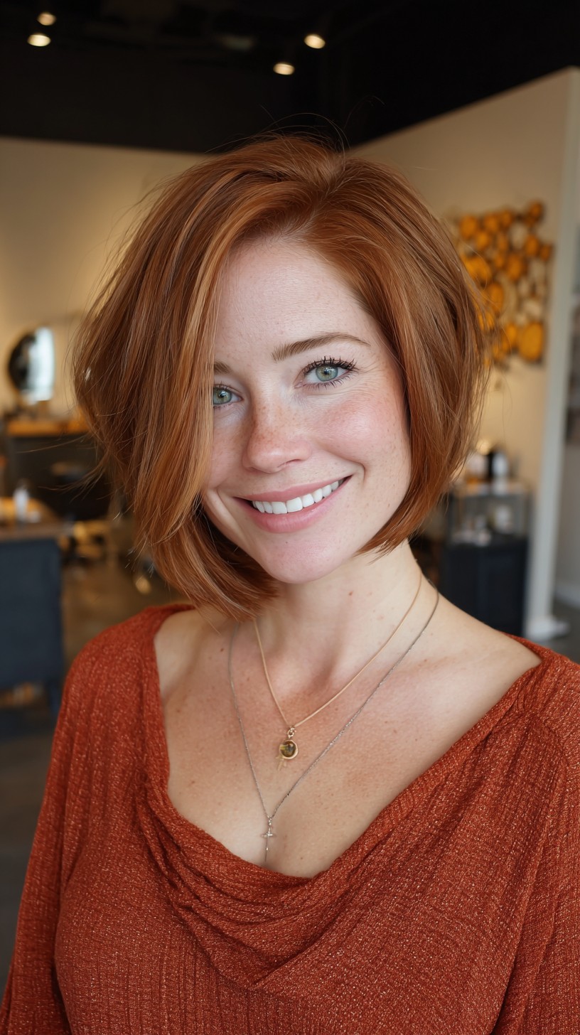 Warm Copper Chin-Length Graduated Bob with Deep Side Part