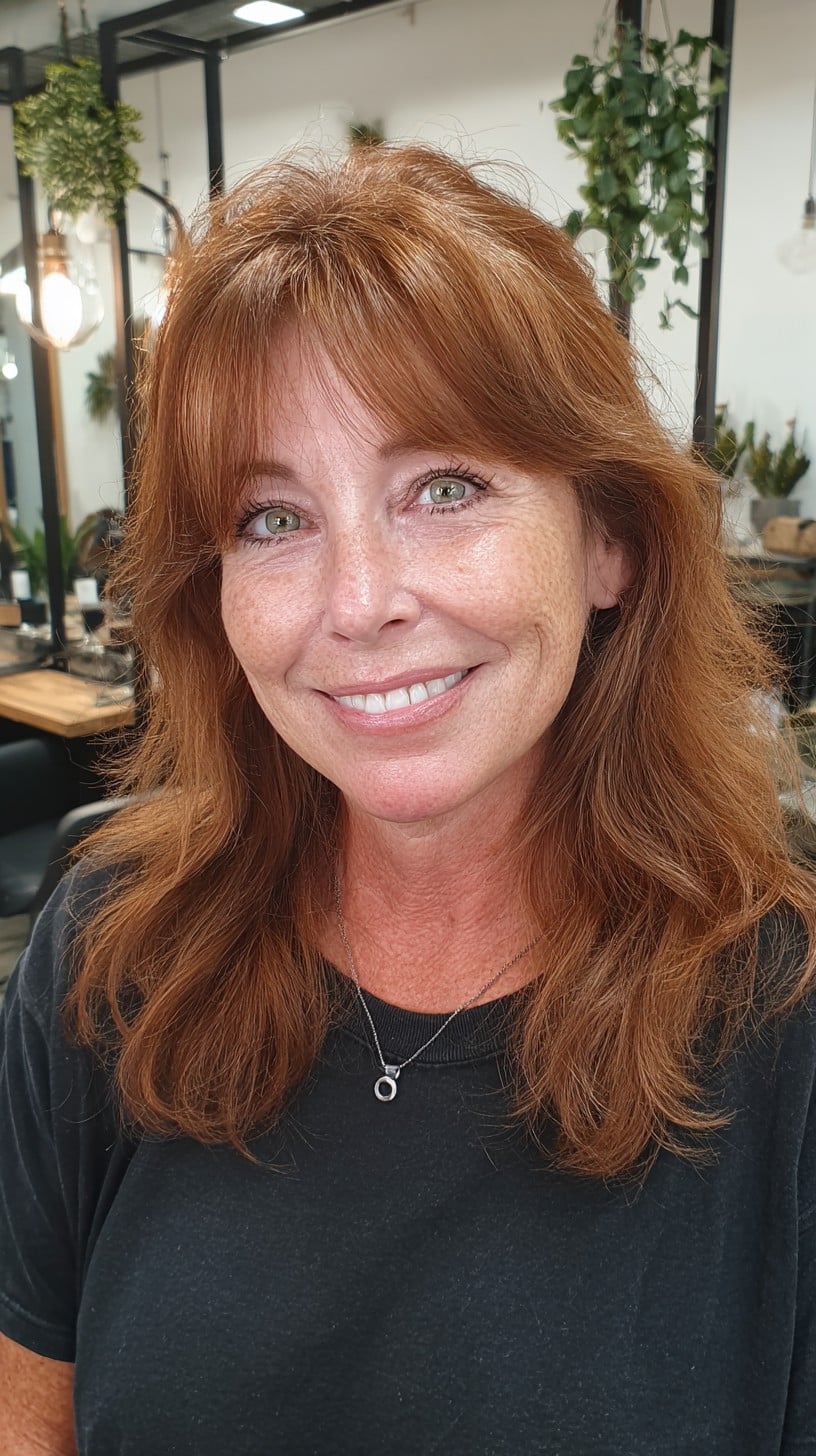 Warm Copper Feathered Medium Shag with Soft Wispy Fringe