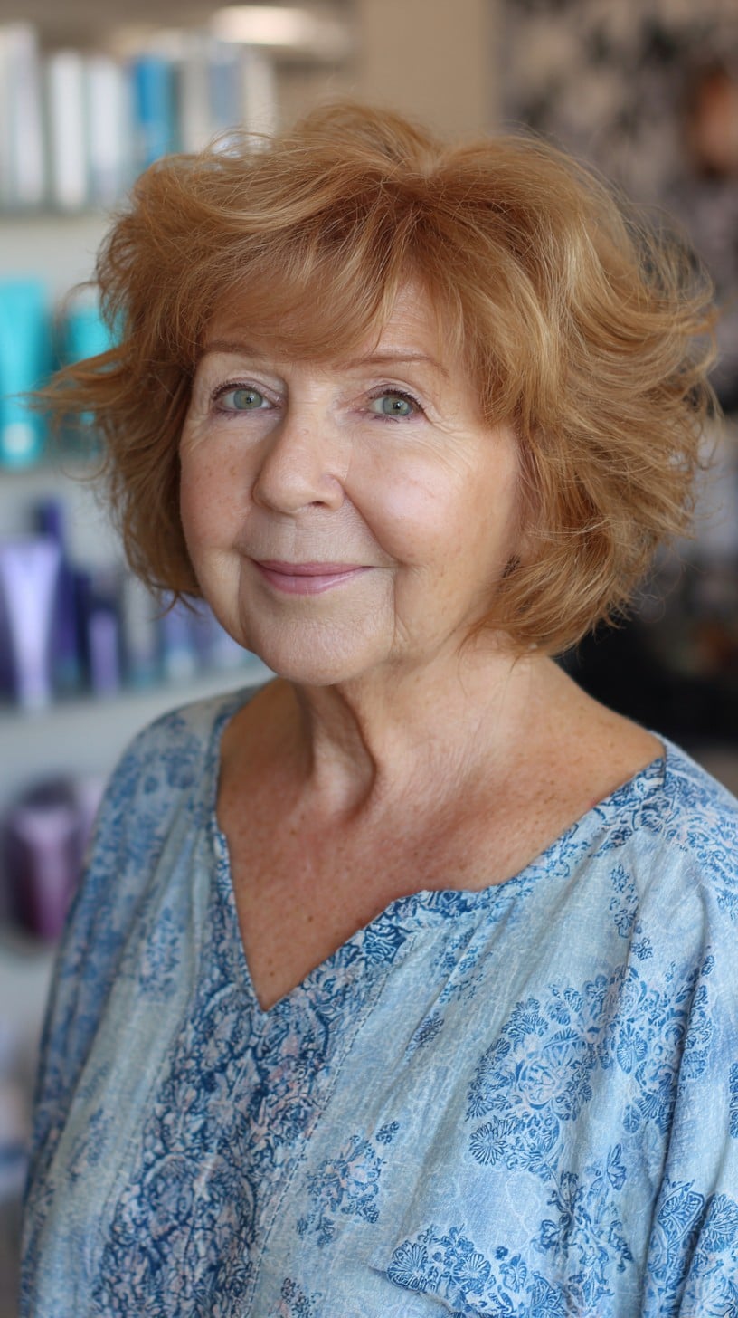 Warm Copper Feathered Shag Bob with Lifted Crown