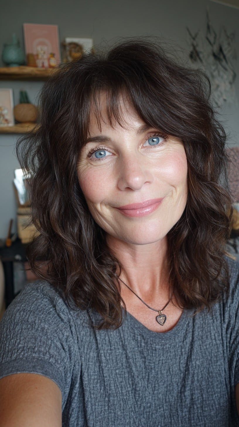 Wavy Mid-Length Feathered Shag with Short Wispy Bangs