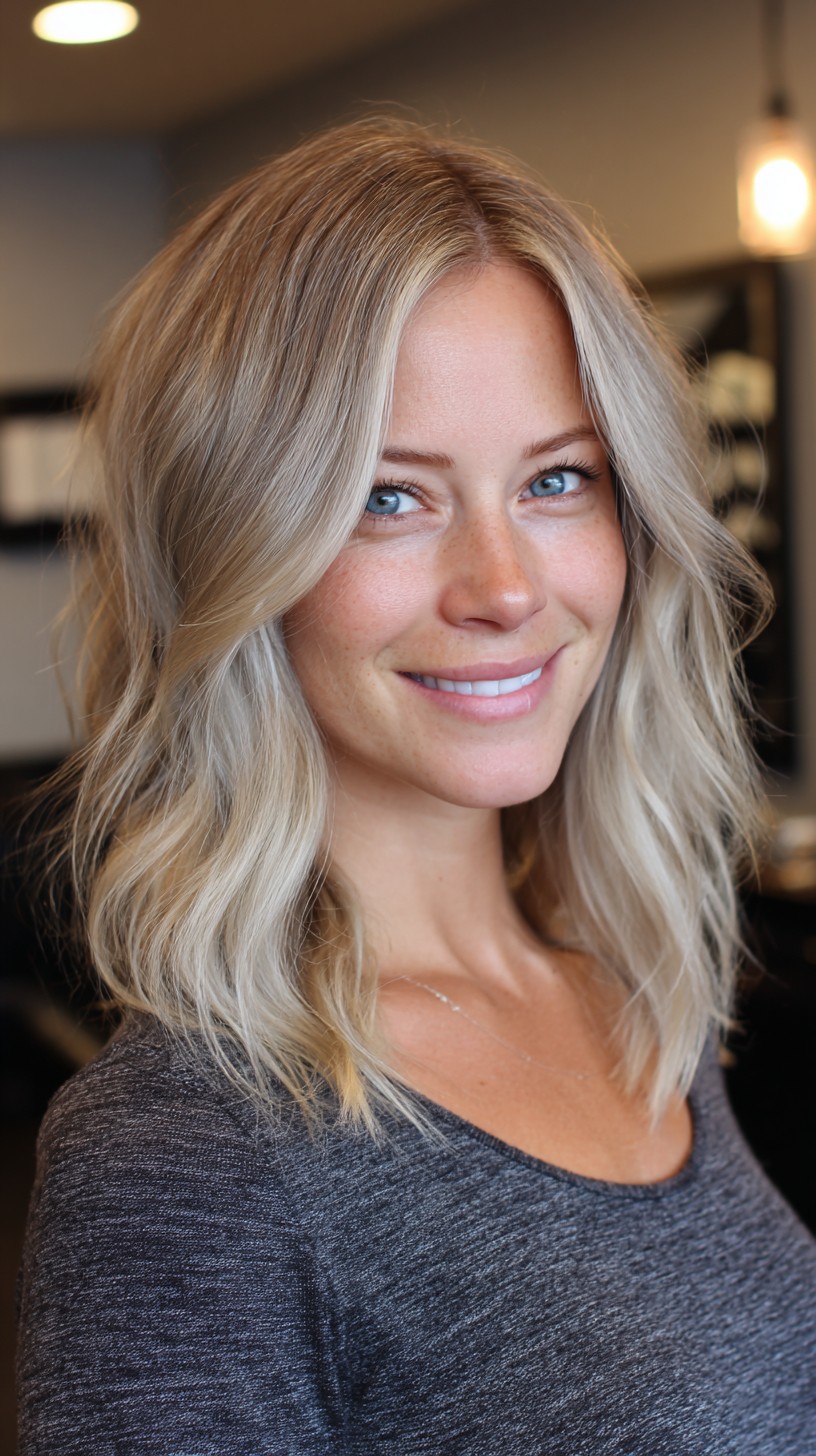 Ash-Blonde Shoulder-Grazing Lob with Subtle Root Melt
