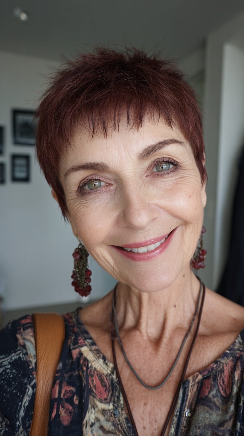 Auburn Micro-Fringed Pixie with Feathered Crown and Tapered Nape