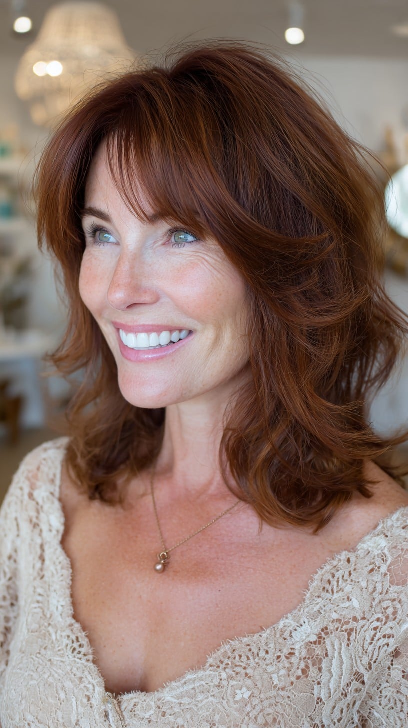Auburn Mid-Length Layered Shag with Feathered Curtain Fringe