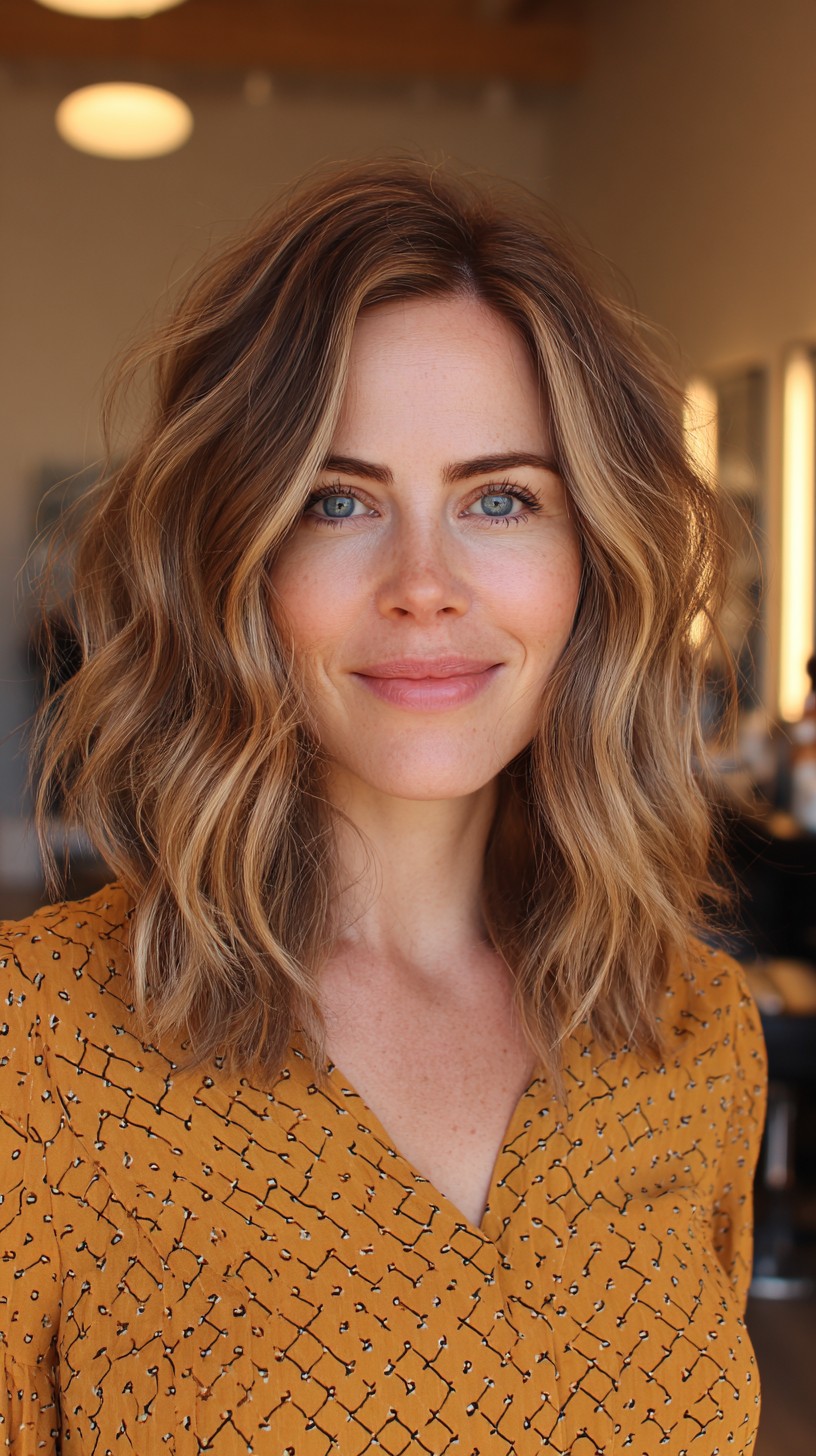 Beachy Textured Shoulder-Grazing Lob with Rooted Blonde Balayage