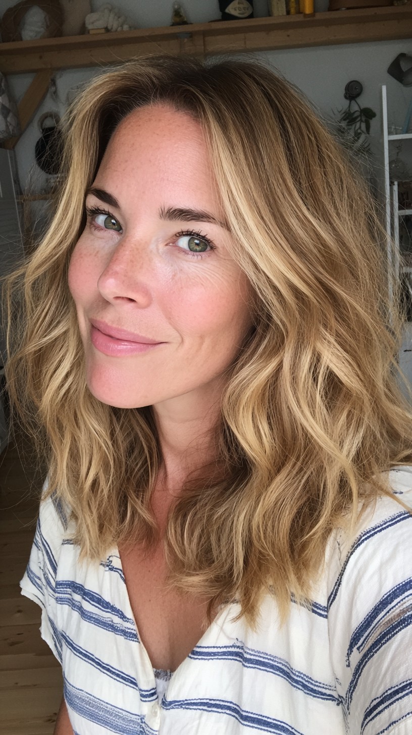 Bronde Textured Shoulder-Grazing Lob with Soft Face-Framing Layers