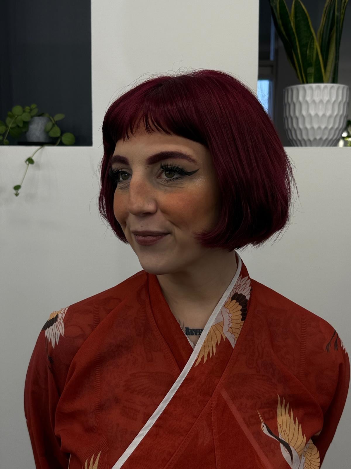 Burgundy Chin-Length Bob with Cropped Micro-Fringe