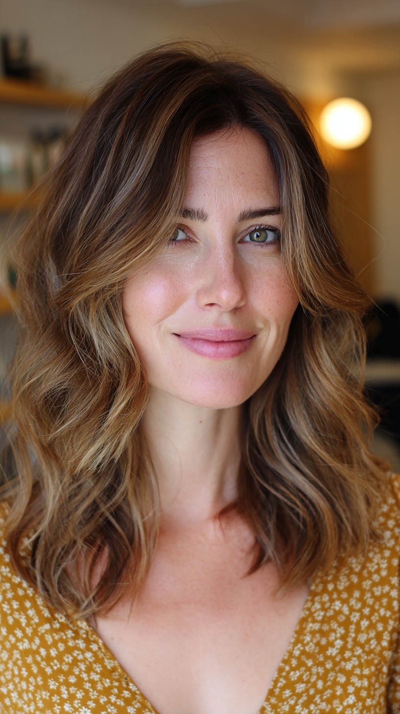 Caramel Balayage Curtain Layers with Face-Framing Waves