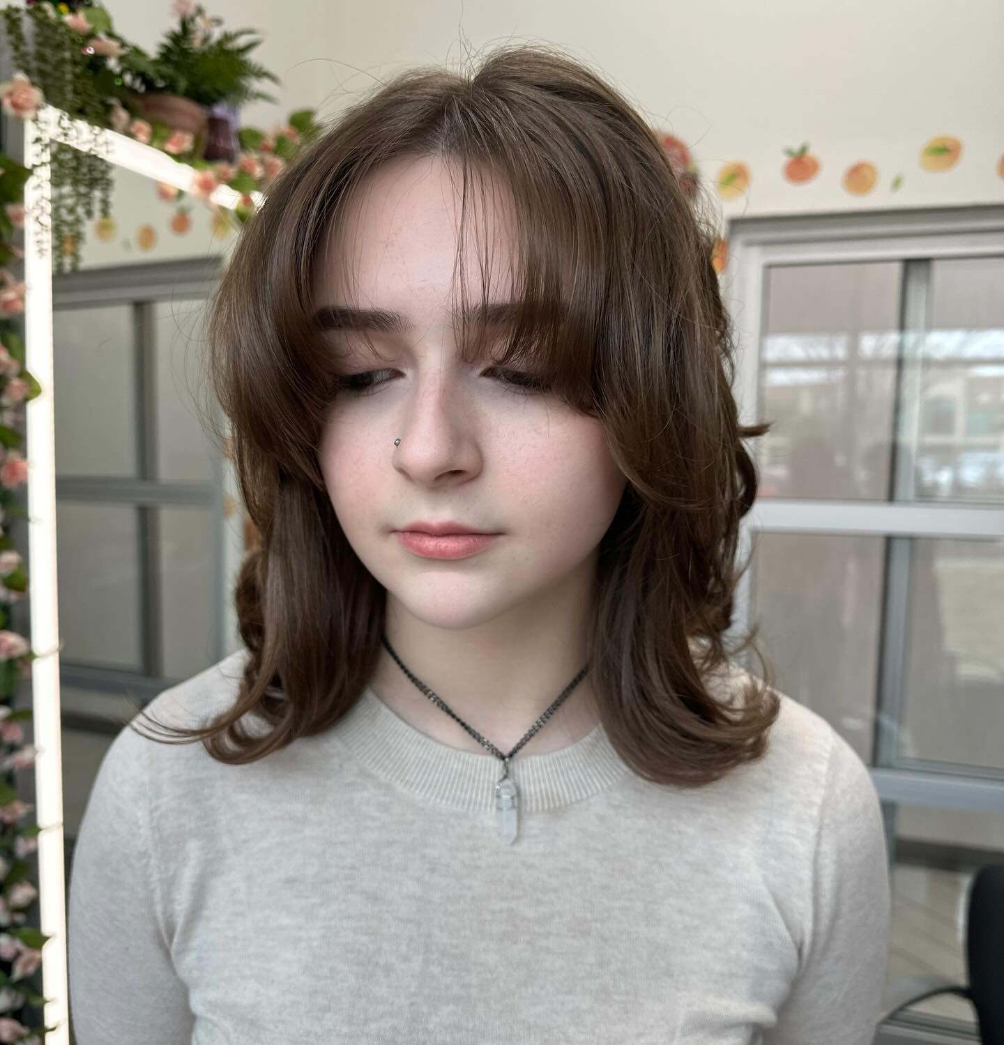 Chestnut Mid-Length Wolf Shag with Wispy Center-Swept Fringe and Flipped Ends