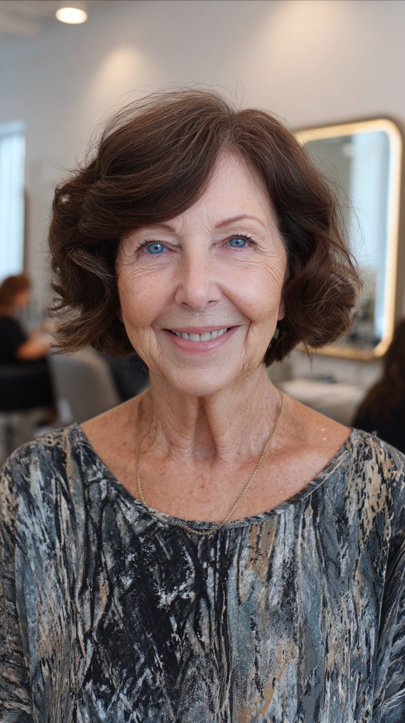 Chestnut Soft-Textured Chin-Length Bob with Side-Swept Lift