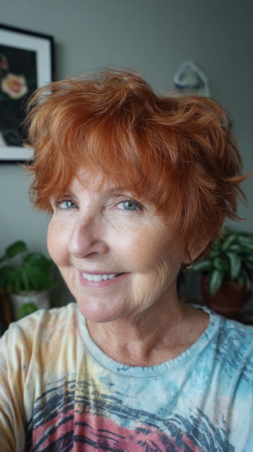 Copper Feathered Short Crop with Soft Fringe and Lifted Crown