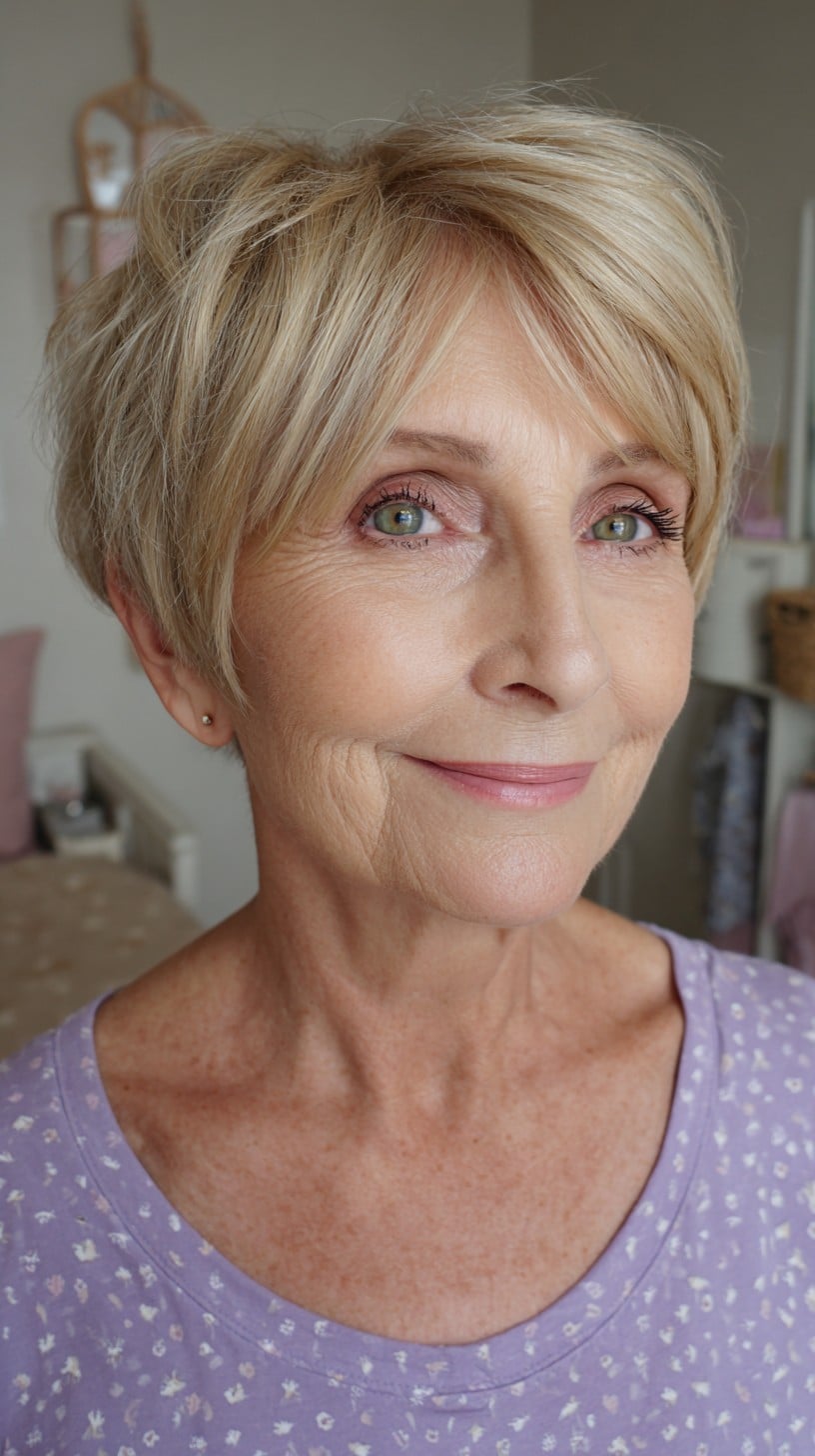 Feathered Short Blonde Pixie with Side-Swept Micro Fringe