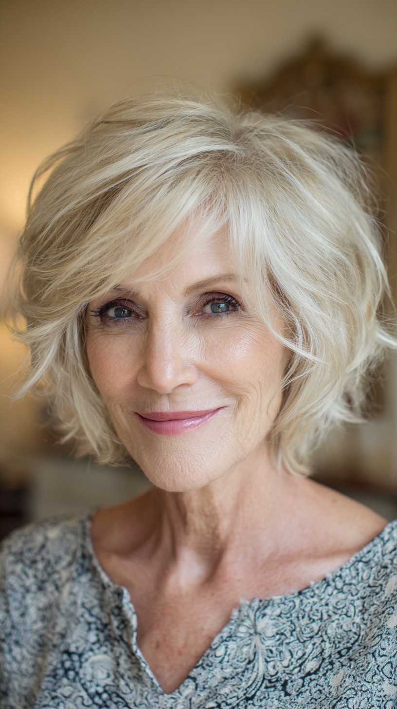Feathered Silver-Chiffon Chin-Length Bob with Airy Temple Wisps