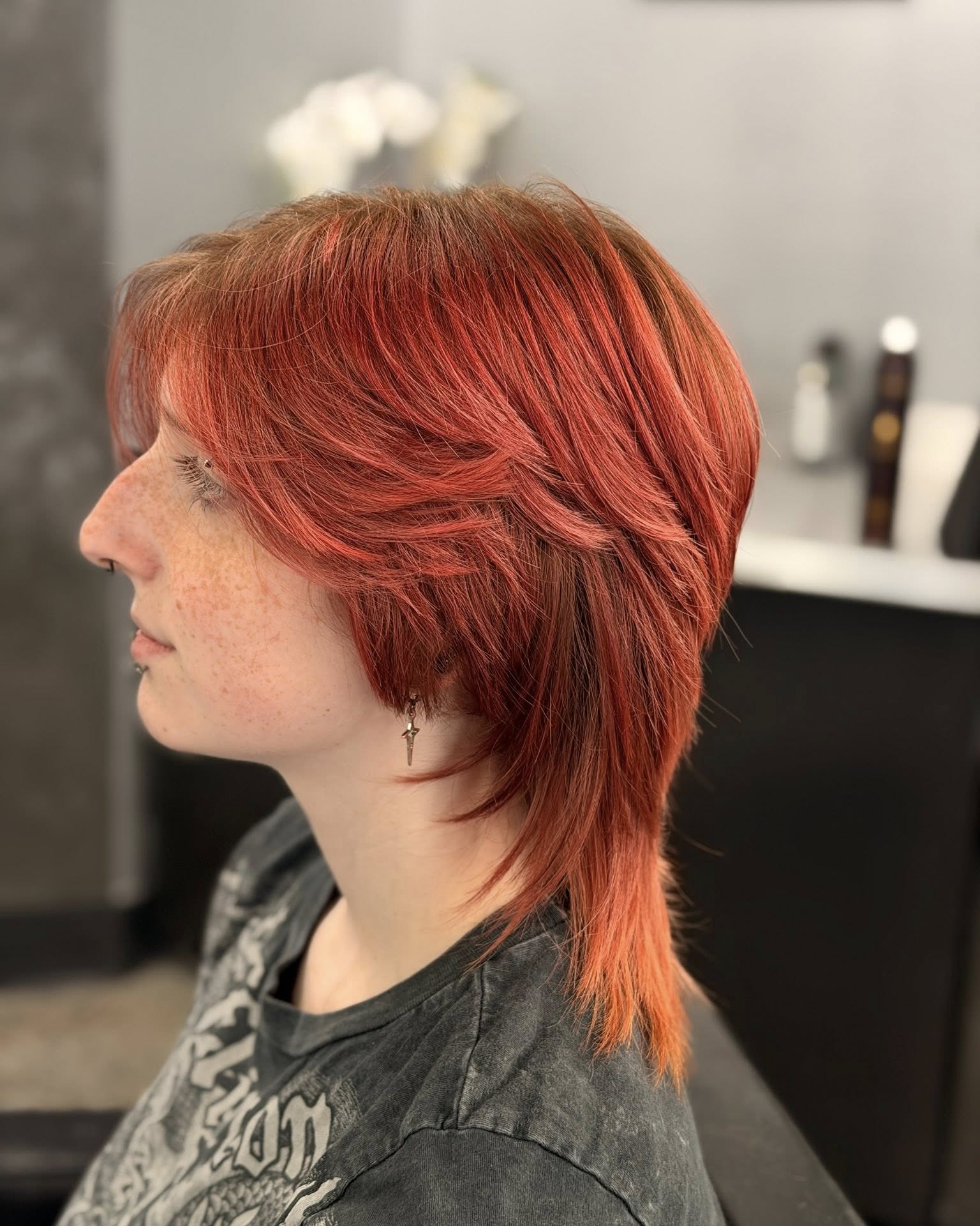 Flame-Copper Feathered Short Wolf Mullet with Soft Face-Framing Fringe