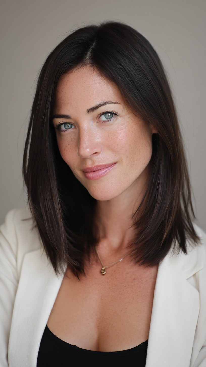 Glossed Dark Chocolate Shoulder-Grazing Lob with Soft Internal Layers