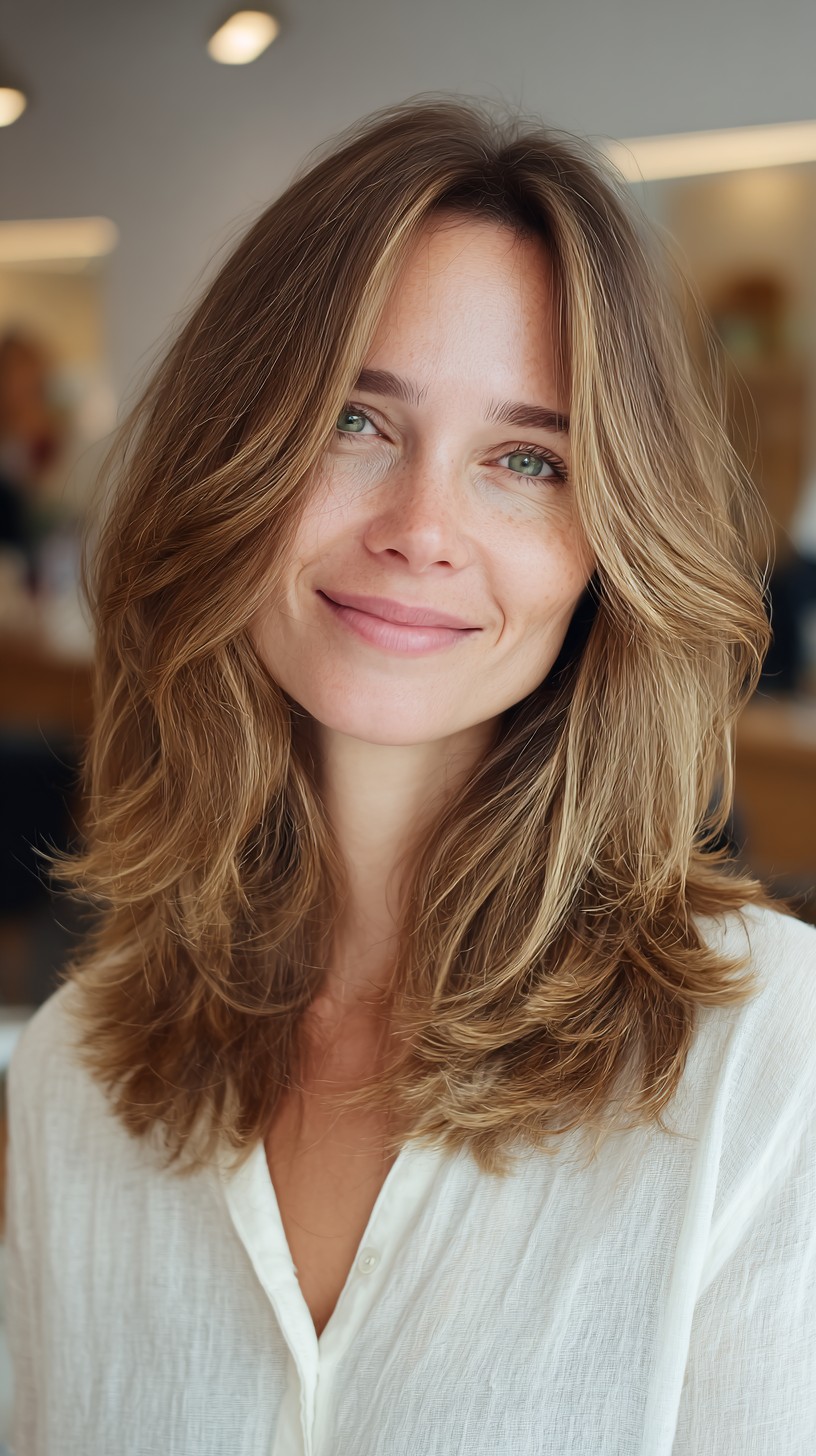 Golden-Rooted Face-Framing Mid-Length Layered Cut
