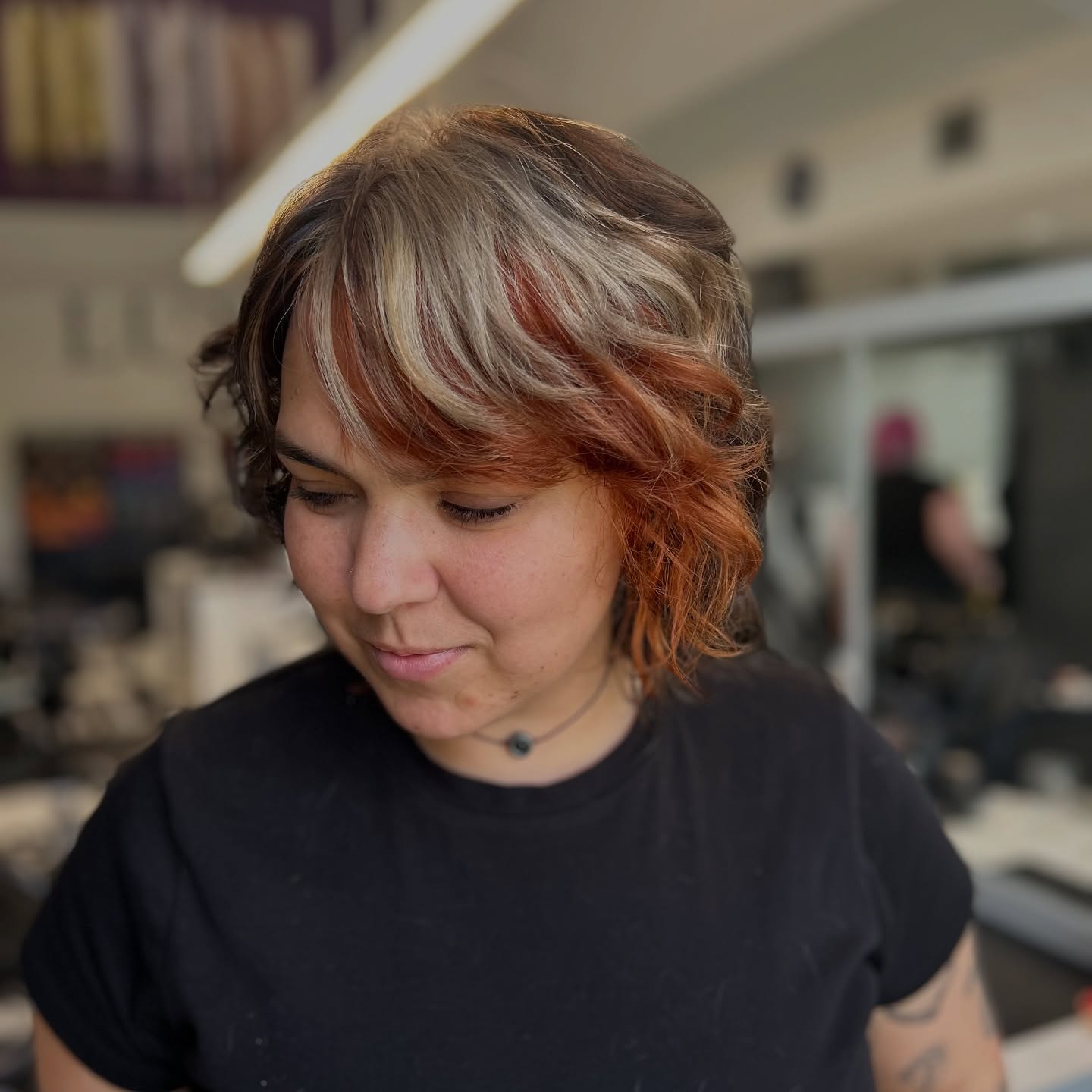 Jaw-Length Frayed Bob with Copper Accent and Silver Face-Framing