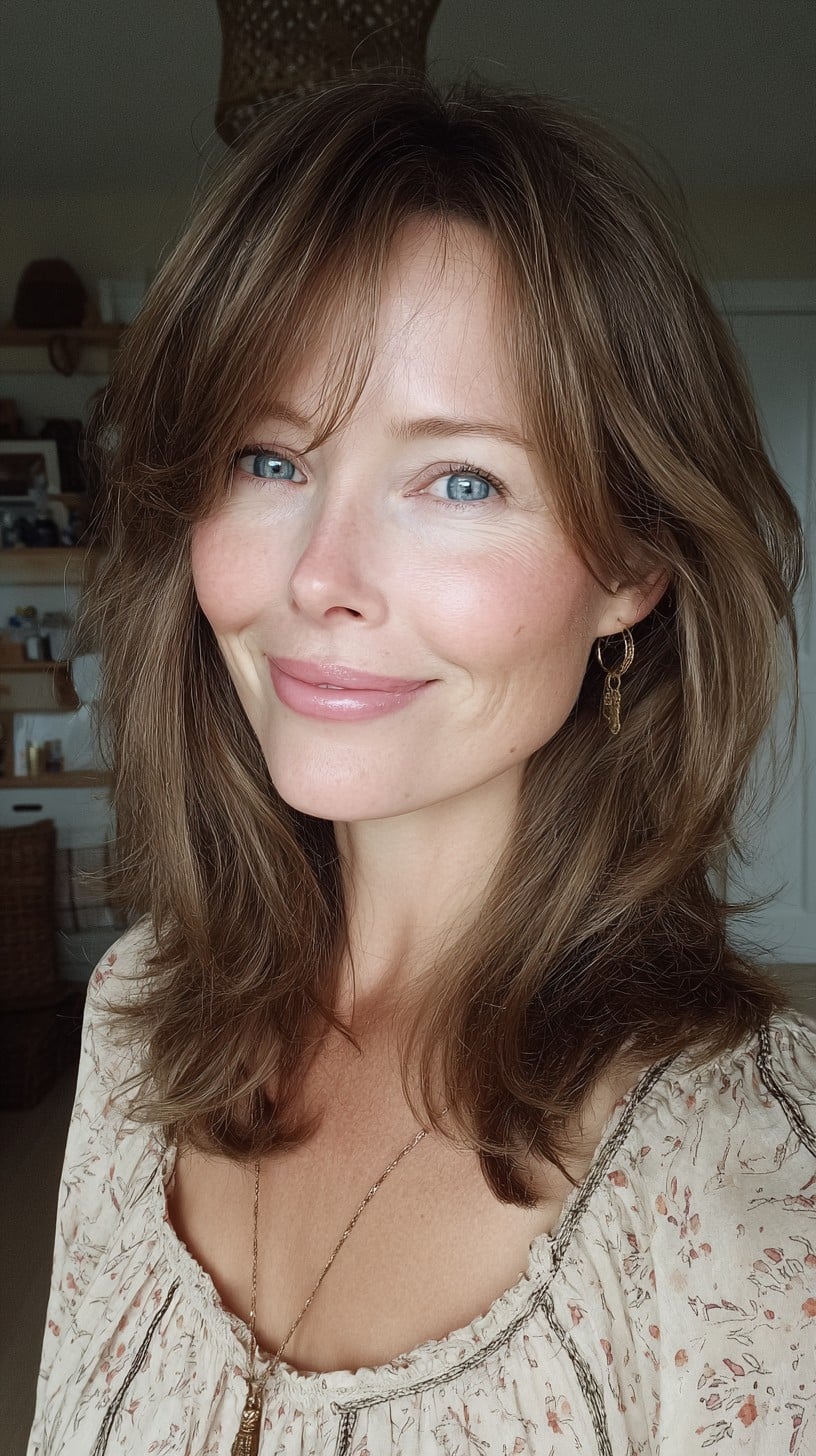 Light-Brown Mid-Length Feathered Layers with Airy Curtain Fringe