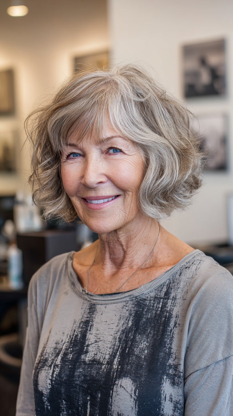 Light Silver Wavy Chin-Length Bob with Soft Face-Framing Streak