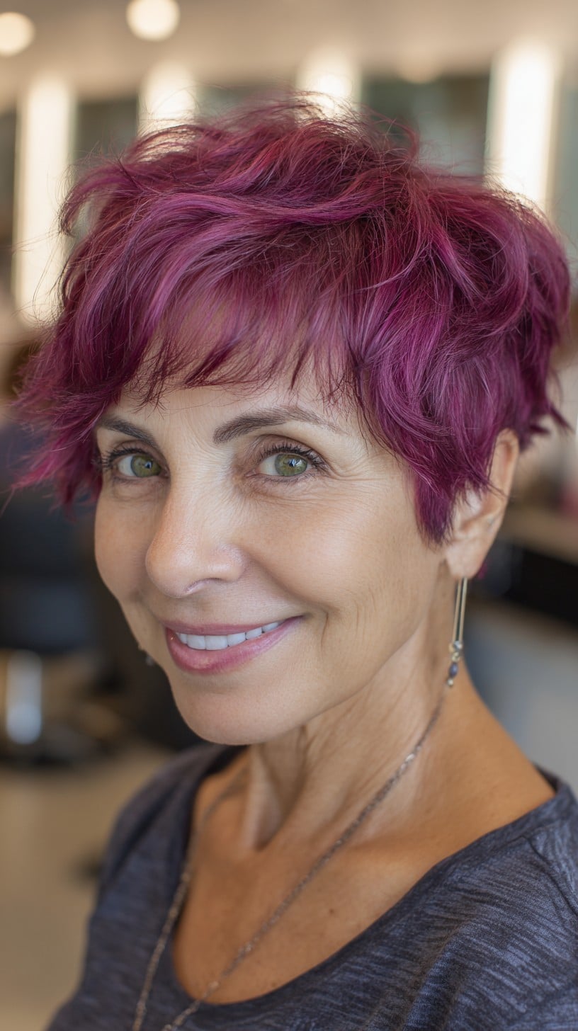 Magenta Layered Pixie with Point-Cut Baby Bangs