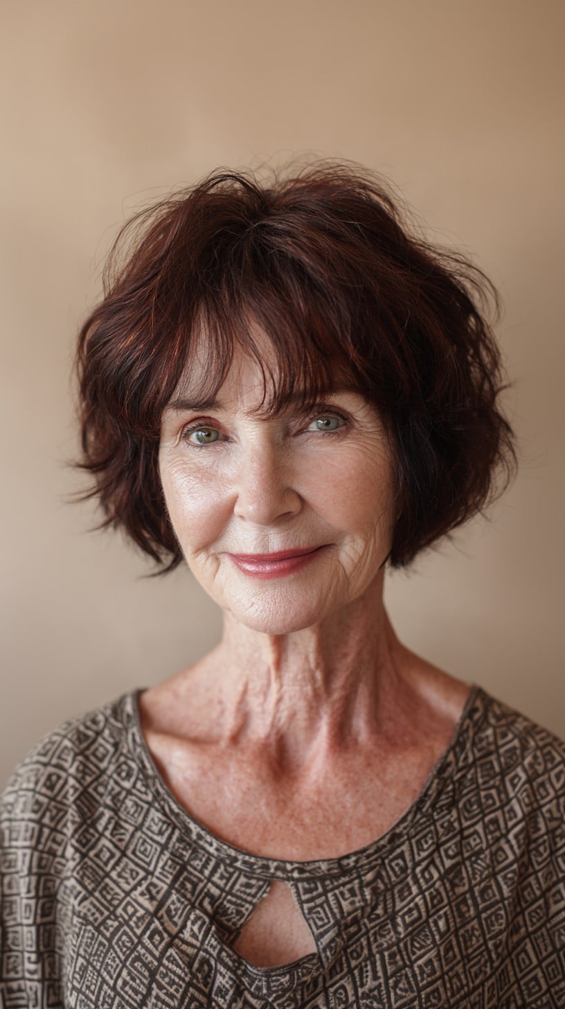 Mahogany Tousled Chin-Length Bob with Wispy Fringe and Subtle Interior Stacking