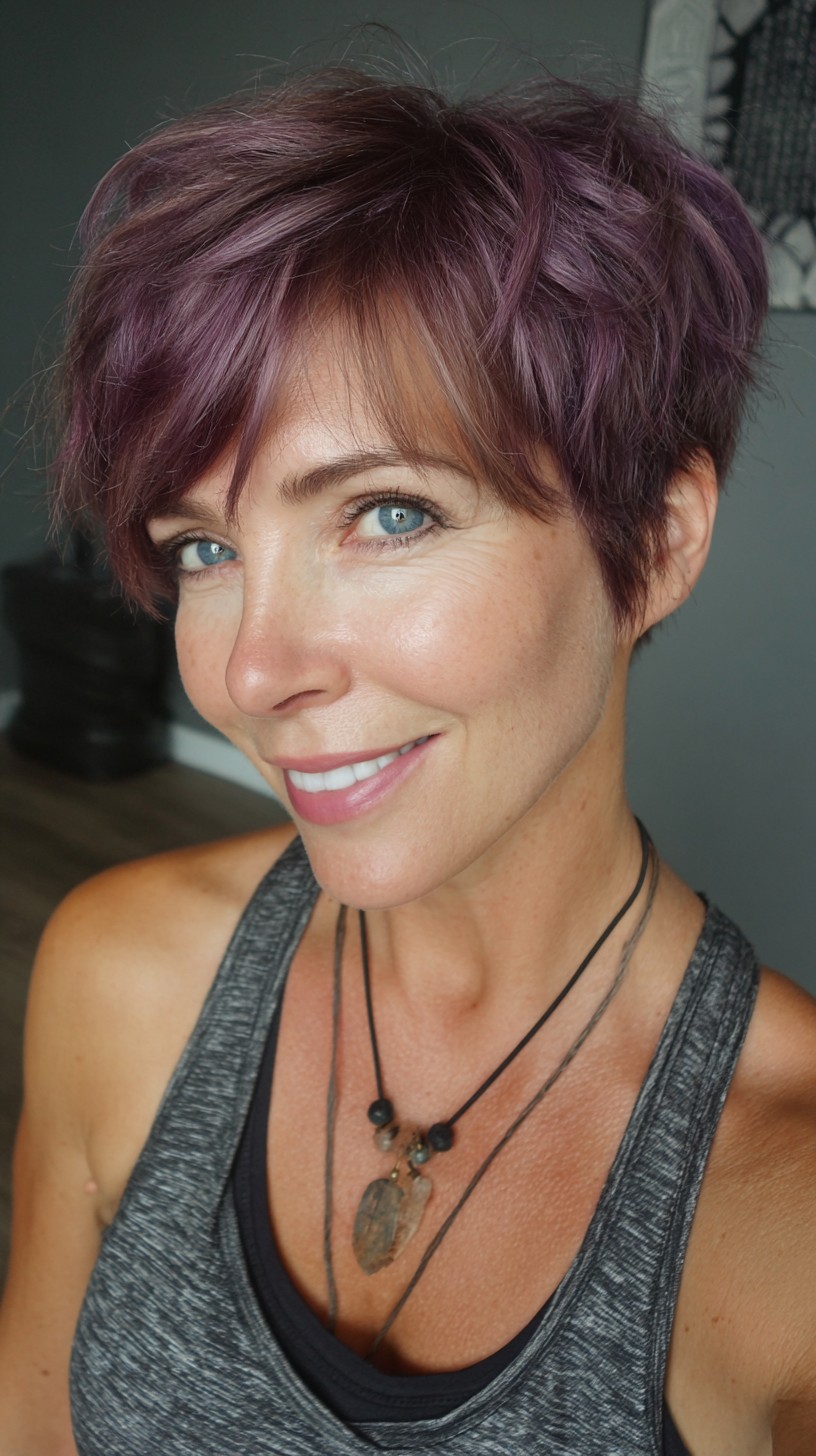 Mauve-Plum Textured Pixie with Subtle Warm Root Ribbon