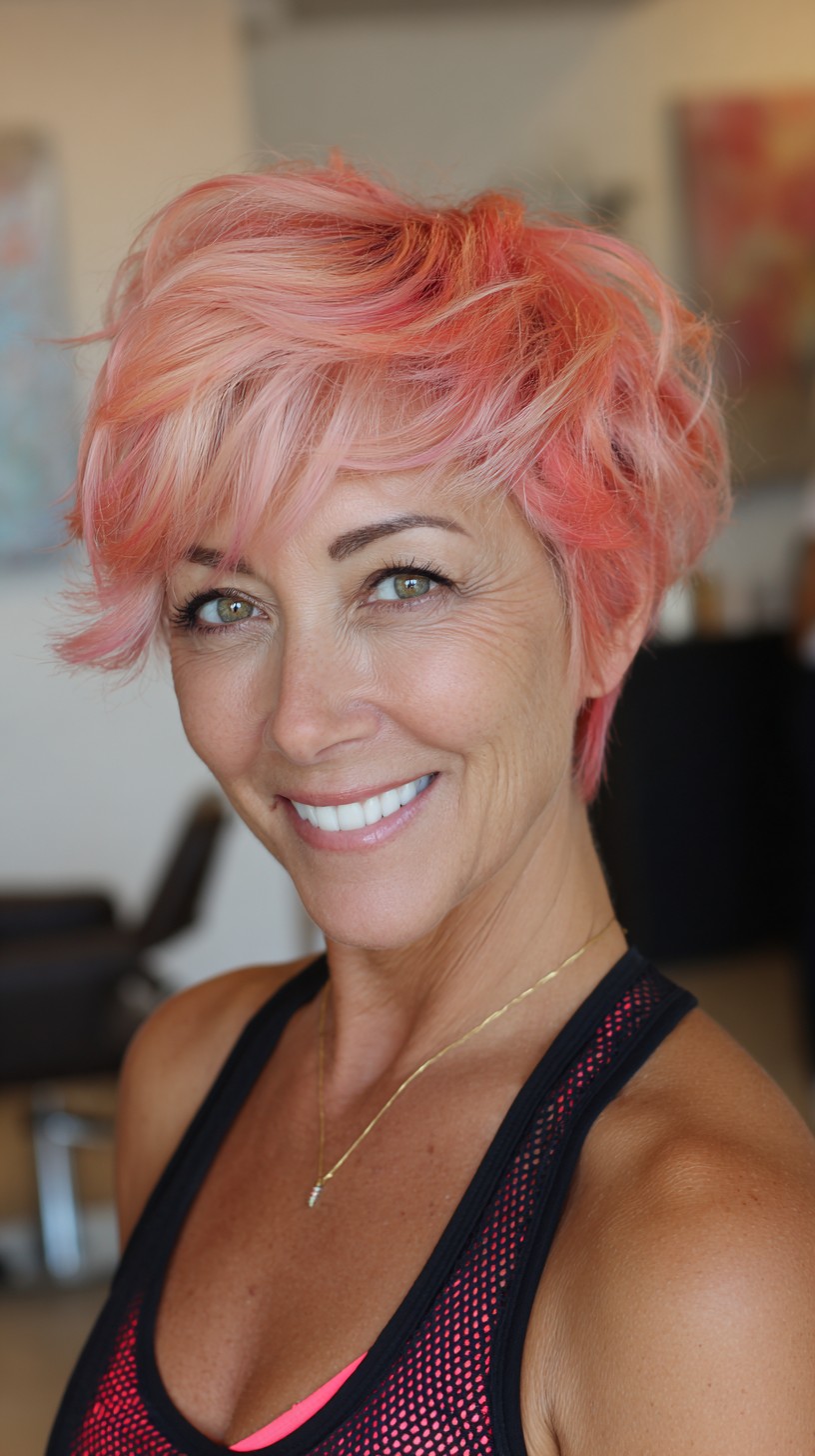 Peach-Coral Textured Pixie with Soft Root Melt