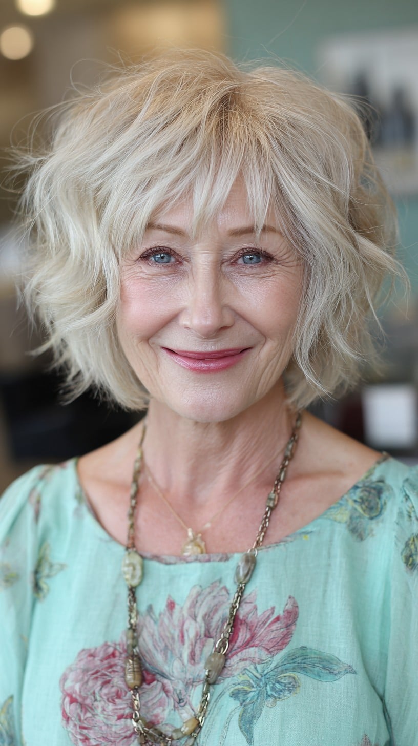 Platinum Textured Short Shag with Micro-Feathered Fringe