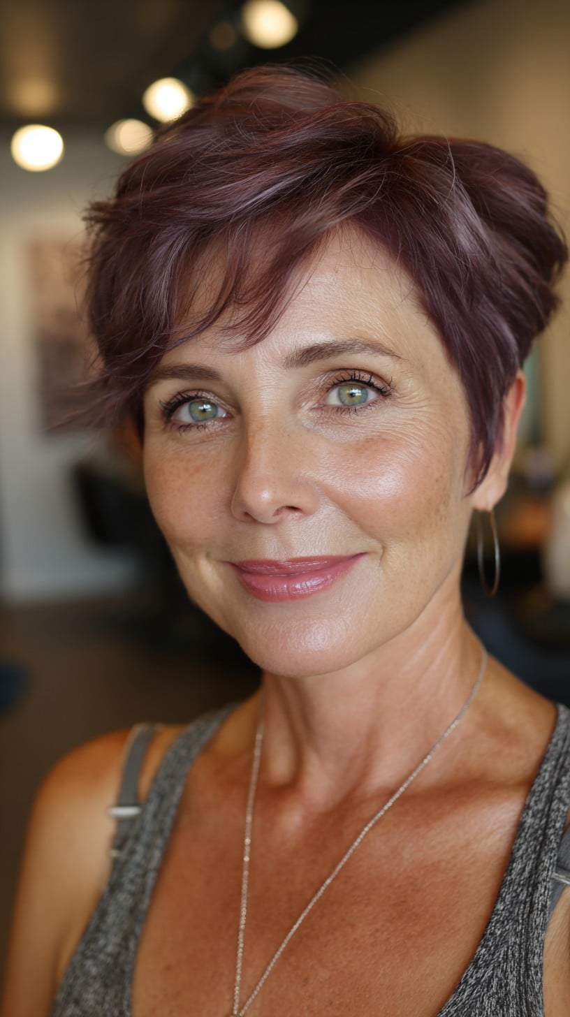 Plum-Infused Short Layered Pixie with Feathered Crown