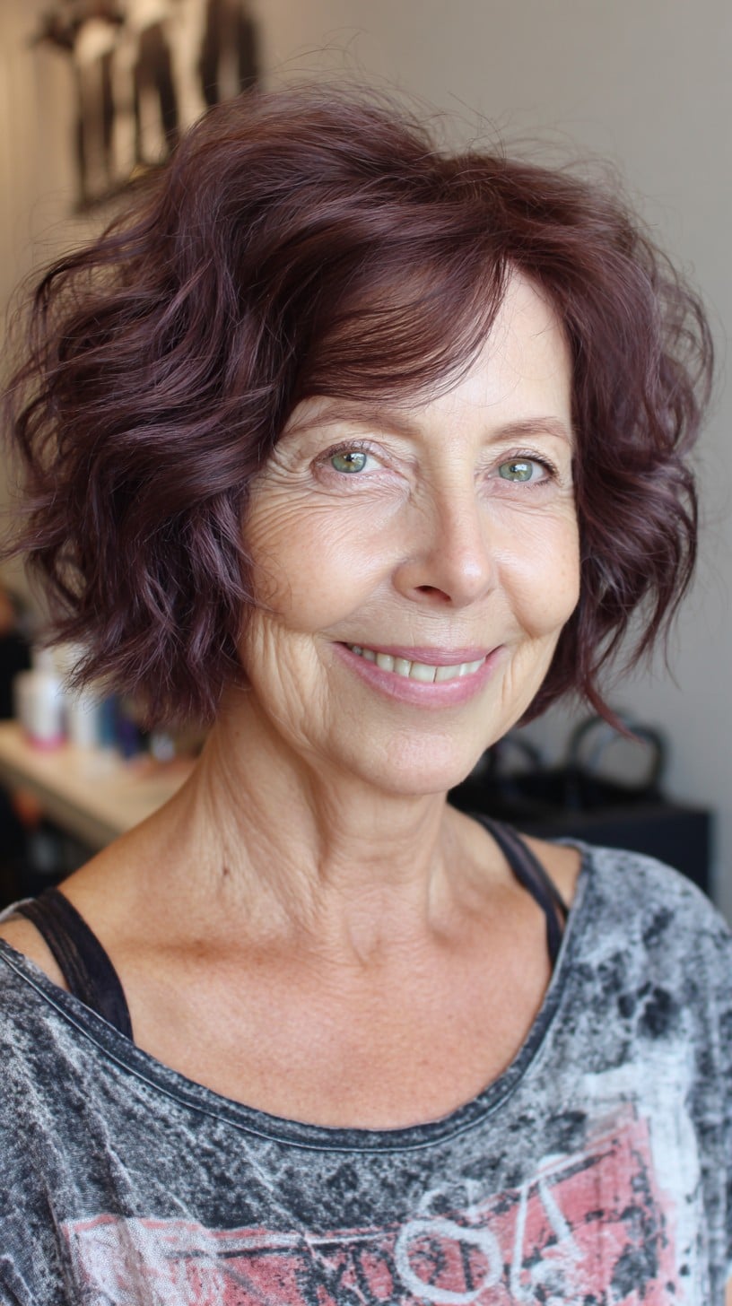 Plum-Tinted Textured Chin-Length Wavy Bob with Side Fringe