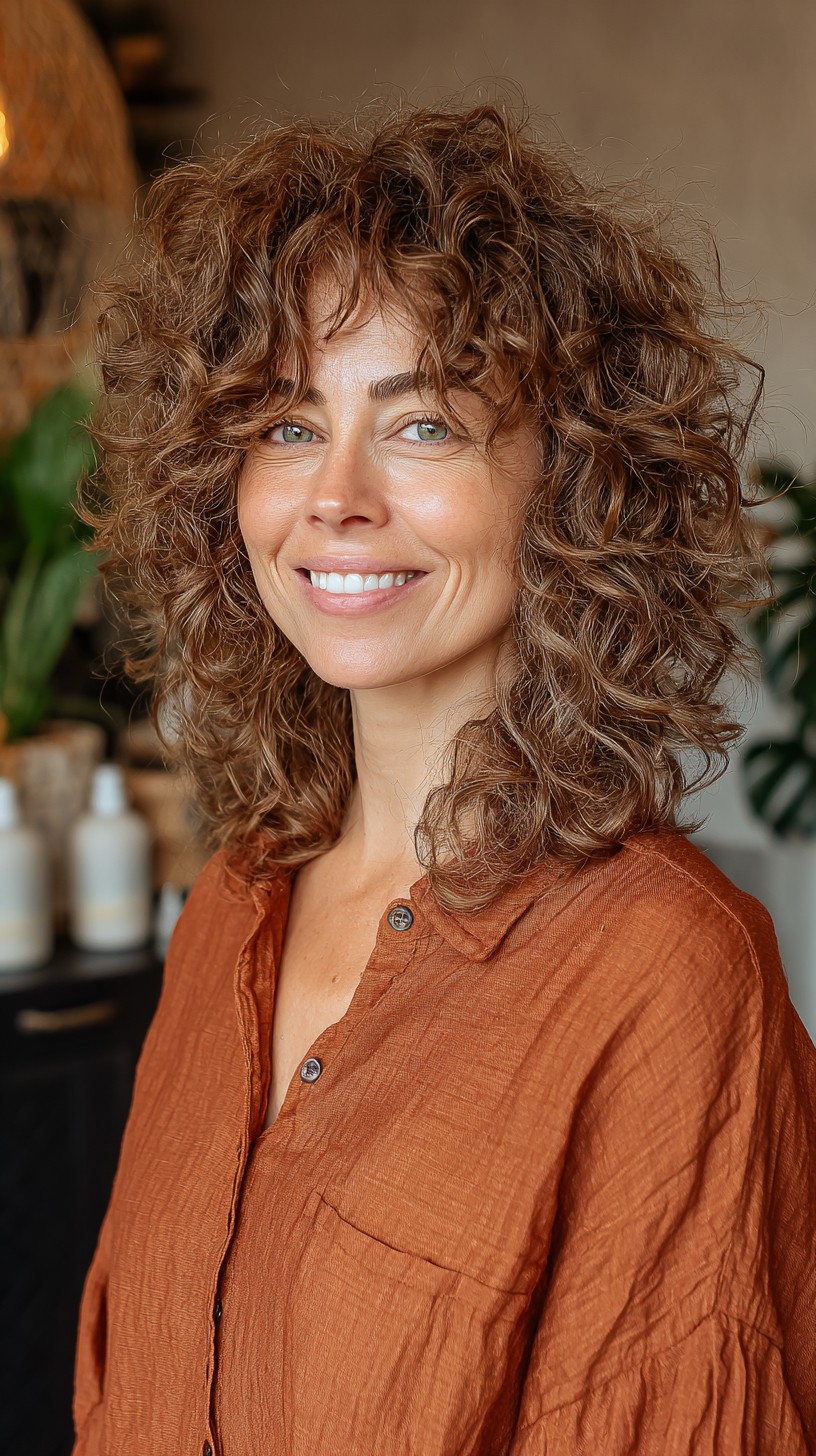 Rooted Chestnut Curly Shag with Soft Curled Fringe