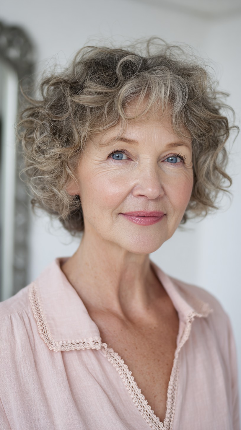 Salt-and-Pepper Curly Short Shag with Face-Framing Fringe