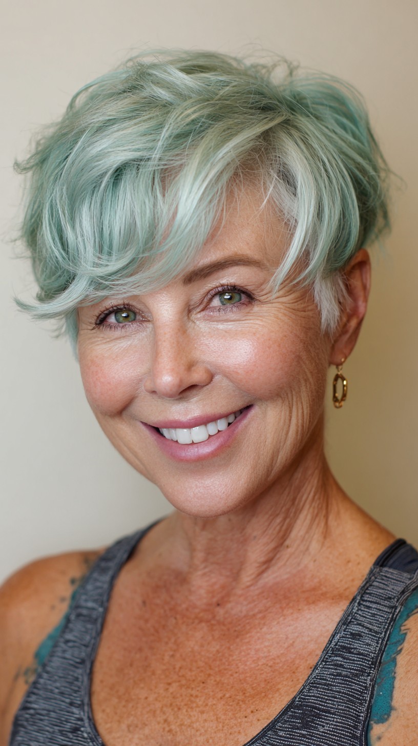 Seafoam Layered Pixie with Long Side-Swept Fringe