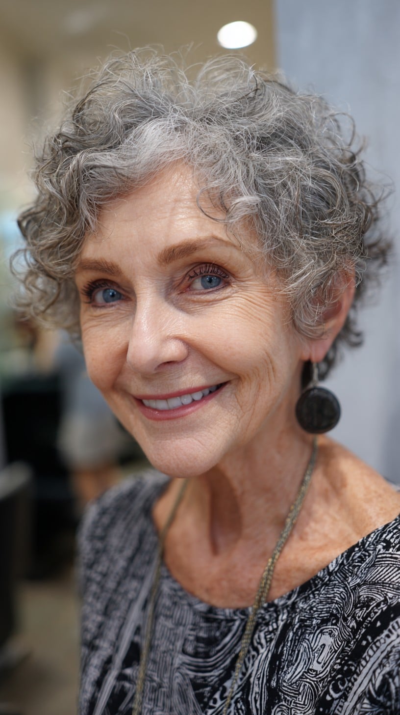 Short Curly Salt-and-Pepper Stacked Crop with Soft Face-Framing Curls