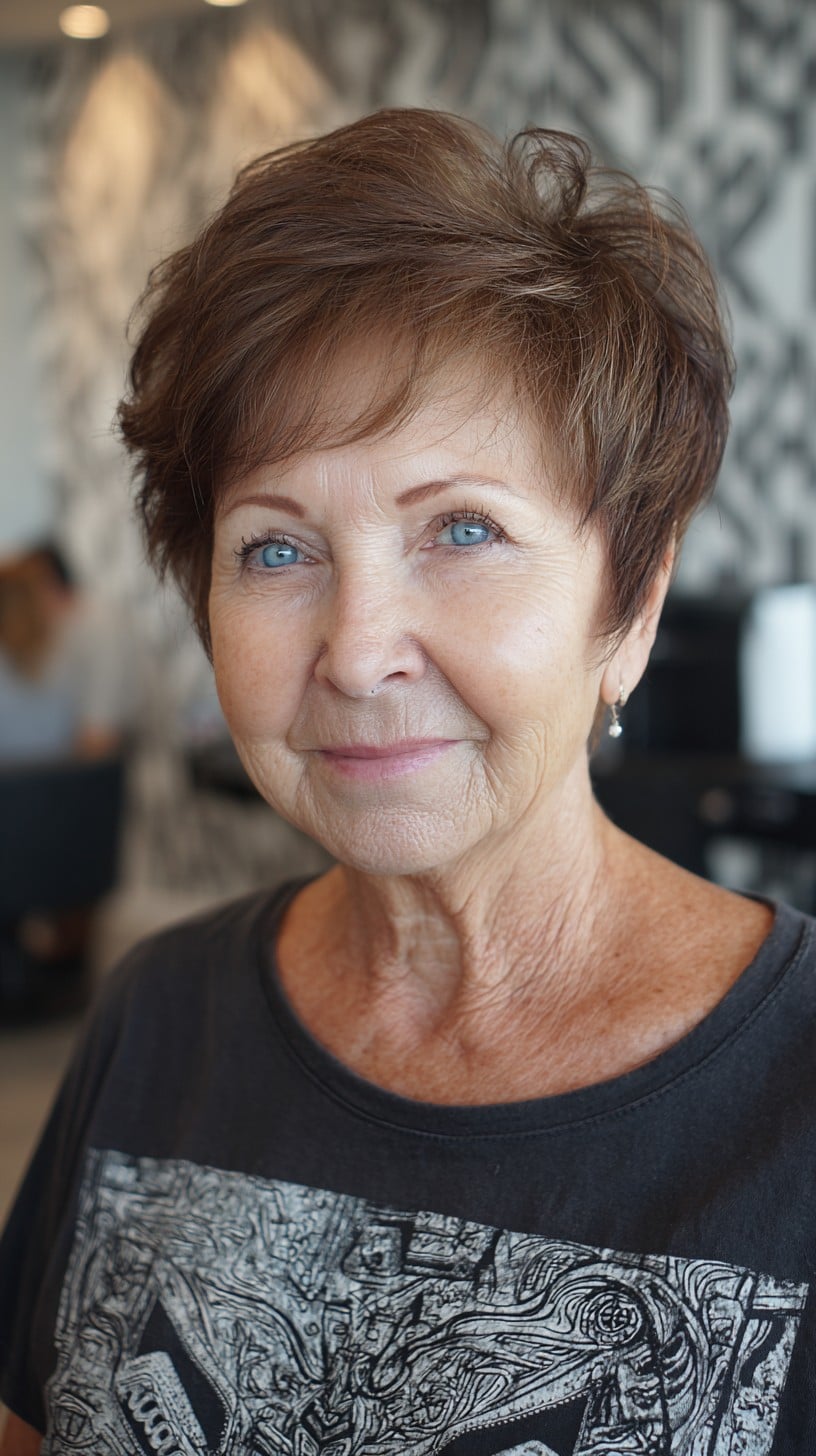 Short Feathered Pixie with Soft Crown Swirl and Subtle Silver Lowlights