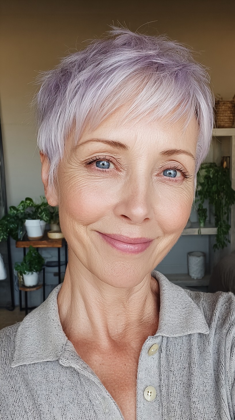 Short Silver-Lilac Feathered Pixie with Micro-Bangs