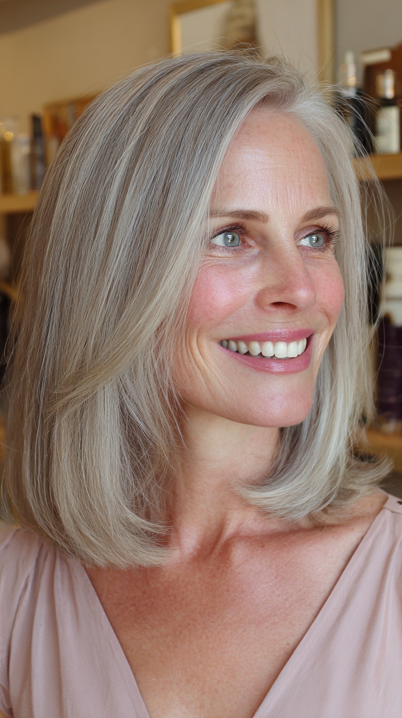 Silver Face-Framing Medium Lob with Soft Internal Layers