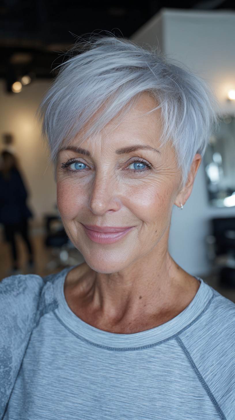 Silver Feathered Pixie with Asymmetrical Side‑Swept Fringe