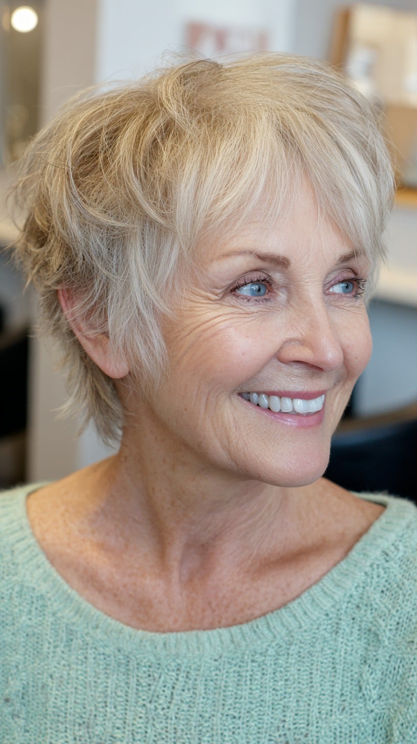 Silver Textured Pixie-Shag with Tapered Nape and Side-Swept Micro Layers