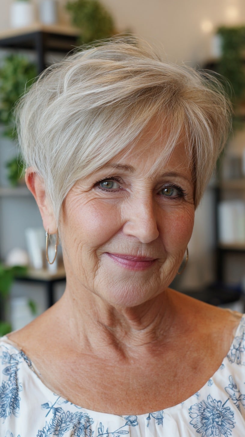 Silvery Stacked Pixie with Angled Side Fringe